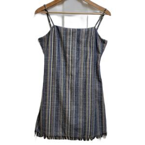 Fashion On Earth Mini Dress L Striped Spaghetti Strap Tie Back Fringe Hem Beach